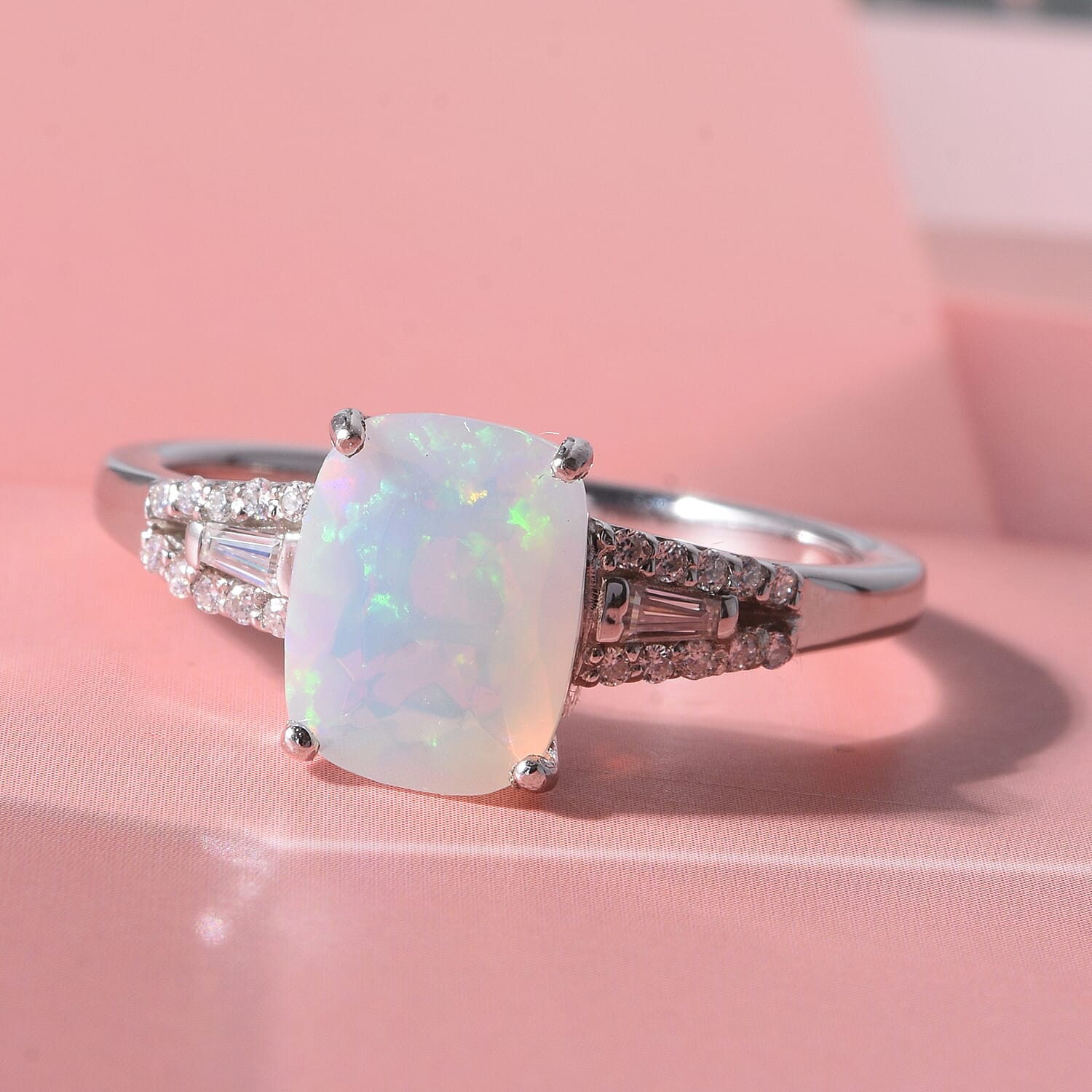 D'Joy Premium Ethiopian Welo Opal and Moissanite 1.35 ctw Moonlit Ring in Rhodium Over Sterling Silver (Size 5.0)