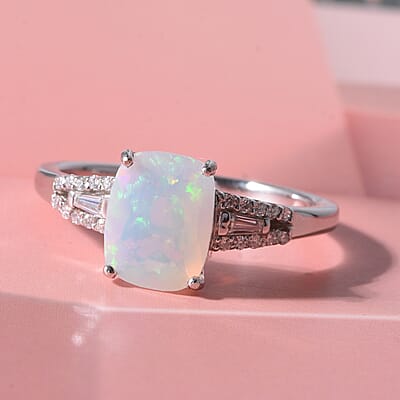 D'Joy Premium Ethiopian Welo Opal and Moissanite 1.35 ctw Moonlit Ring in Rhodium Over Sterling Silver (Size 5.0)
