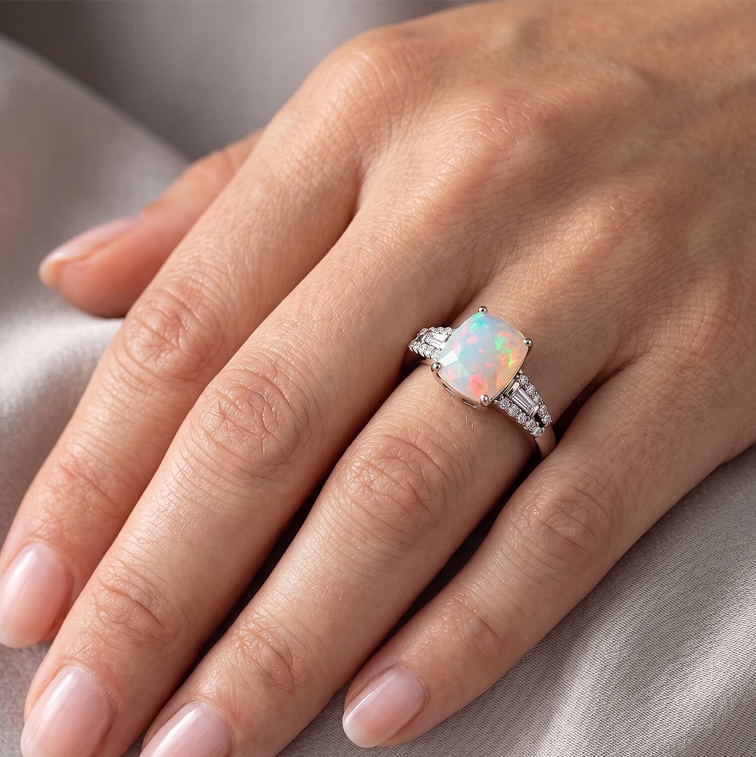D'Joy Premium Ethiopian Welo Opal and Moissanite 1.35 ctw Moonlit Ring in Rhodium Over Sterling Silver (Size 5.0)