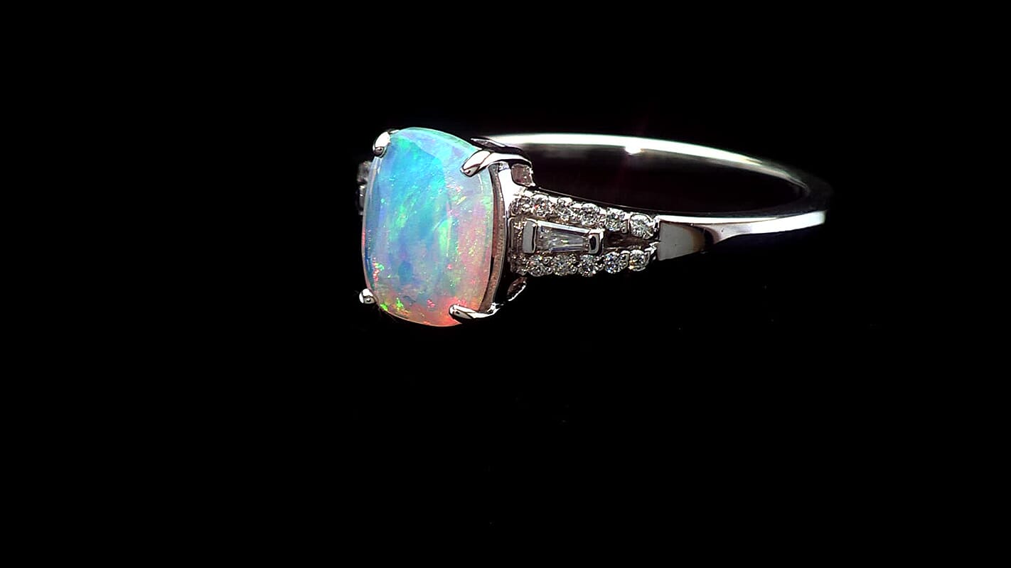 D'Joy Premium Ethiopian Welo Opal, Moissanite Moonlit Ring in Rhodium Over Sterling Silver (Size 10.0) 1.35 ctw
