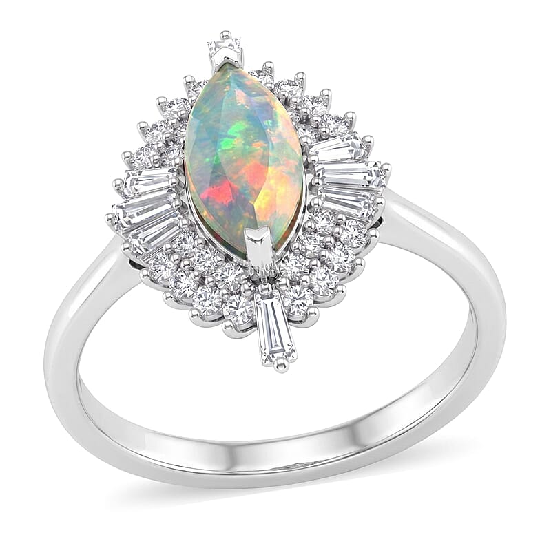 D'Joy Premium Ethiopian Welo Opal and Moissanite 1.50 ctw Marquise Spark Ring in Rhodium Over Sterling Silver (Size 7.0)