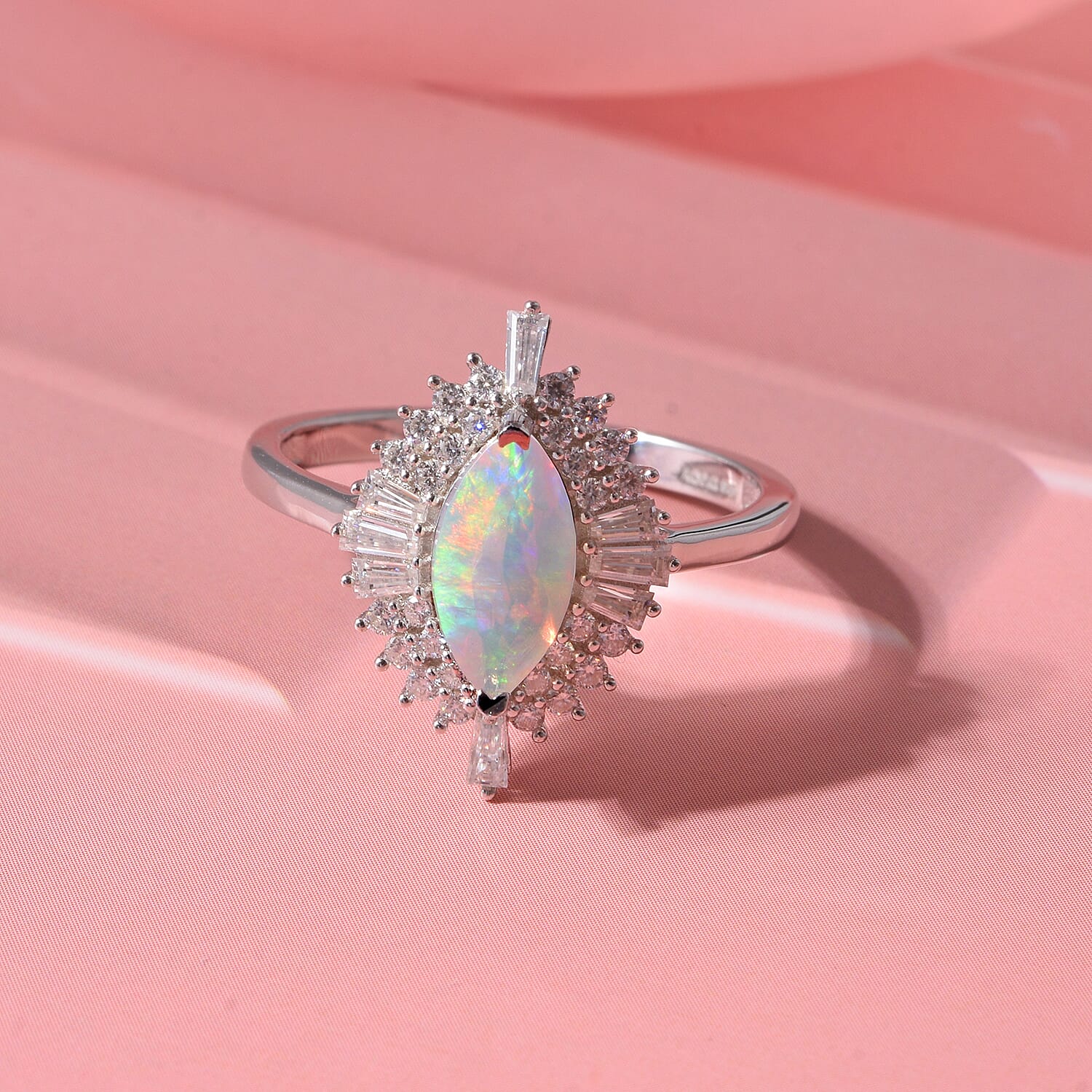 D'Joy Premium Ethiopian Welo Opal and Moissanite 1.50 ctw Marquise Spark Ring in Rhodium Over Sterling Silver (Size 7.0)