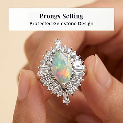 D'Joy Premium Ethiopian Welo Opal and Moissanite 1.50 ctw Marquise Spark Ring in Rhodium Over Sterling Silver (Size 7.0)