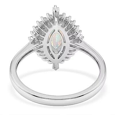 D'Joy Premium Ethiopian Welo Opal and Moissanite 1.50 ctw Marquise Spark Ring in Rhodium Over Sterling Silver (Size 7.0)