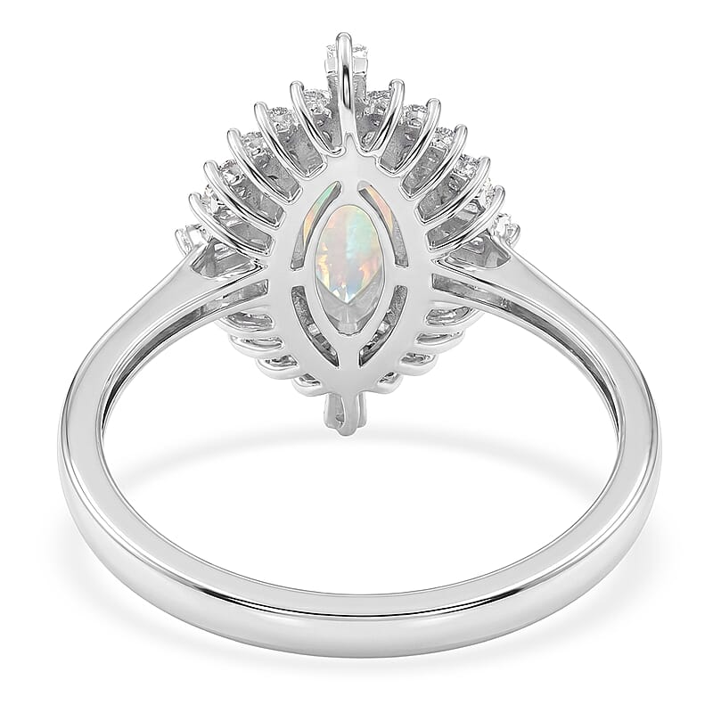 D'Joy Premium Ethiopian Welo Opal and Moissanite 1.50 ctw Marquise Spark Ring in Rhodium Over Sterling Silver (Size 8.0)