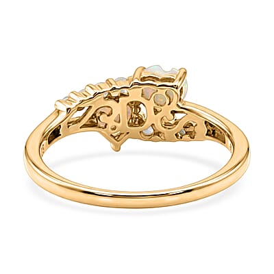 Premium Ethiopian Welo Opal and White Zircon 0.90 ctw Twin Heart Glow Ring in 14K Yellow Gold Over Sterling Silver (Size 5.0)