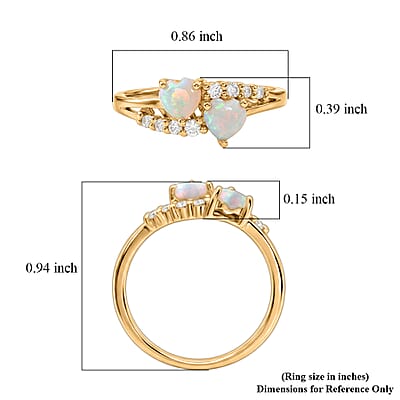 Premium Ethiopian Welo Opal and White Zircon 0.90 ctw Twin Heart Glow Ring in 14K Yellow Gold Over Sterling Silver (Size 5.0)