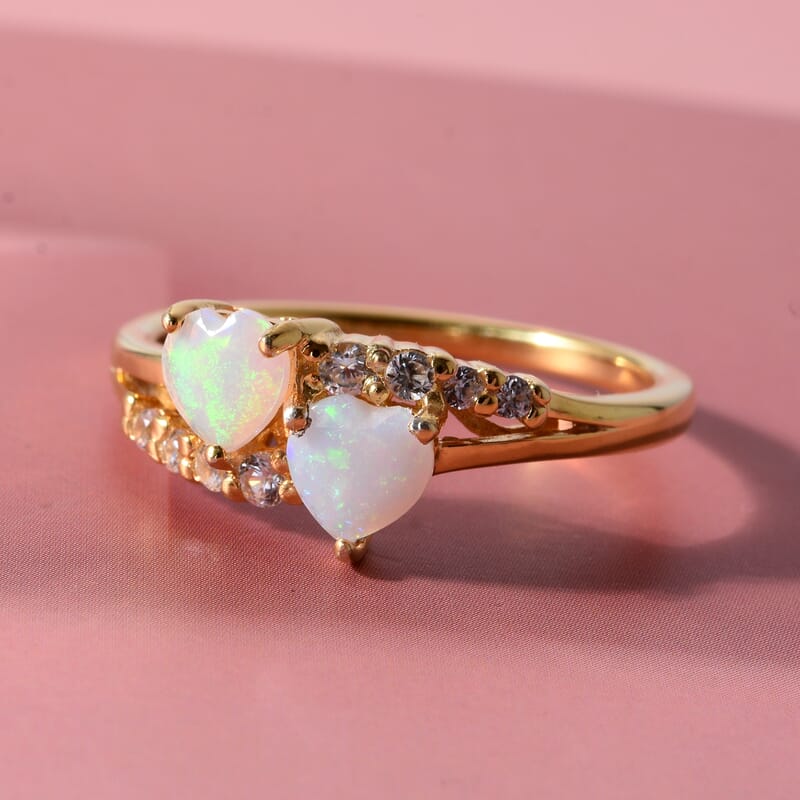Premium Ethiopian Welo Opal and White Zircon 0.90 ctw Twin Heart Glow Ring in 14K Yellow Gold Over Sterling Silver (Size 6.0)