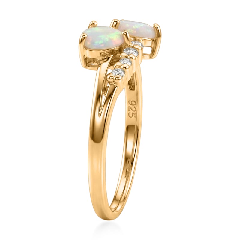 Premium Ethiopian Welo Opal and White Zircon 0.90 ctw Twin Heart Glow Ring in 14K Yellow Gold Over Sterling Silver (Size 6.0)