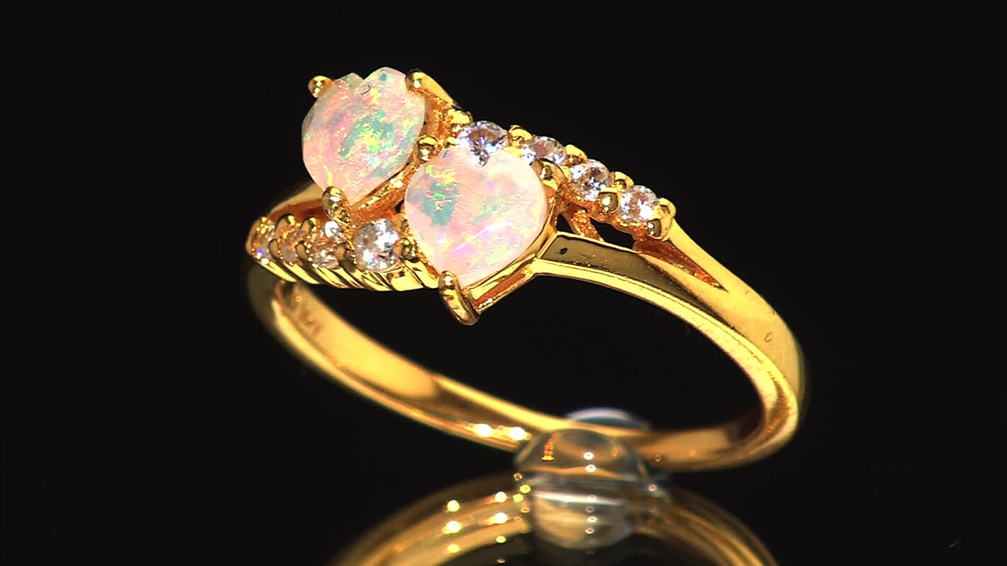 Premium Ethiopian Welo Opal, White Zircon Twin Heart Glow Ring in 14K YG Over Sterling Silver (Size 10.0) 0.90 ctw