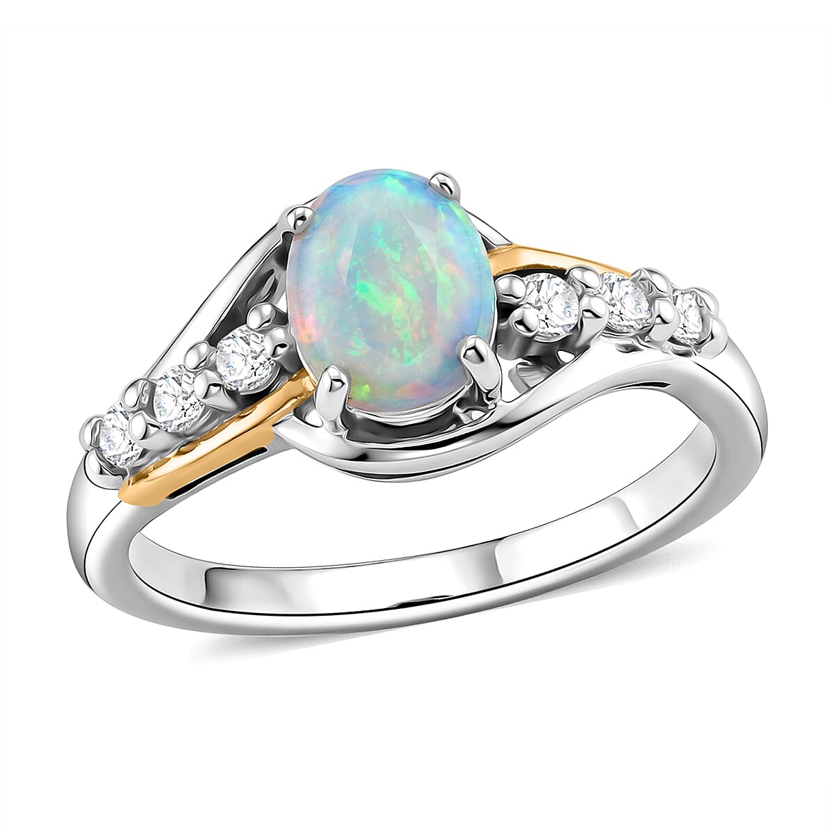 Premium Ethiopian Welo Opal and Moissanite 1.00 ctw Celestial Swirl Ring in 14K Yellow Gold and Rhodium Over Sterling Silver (Size 10.0)