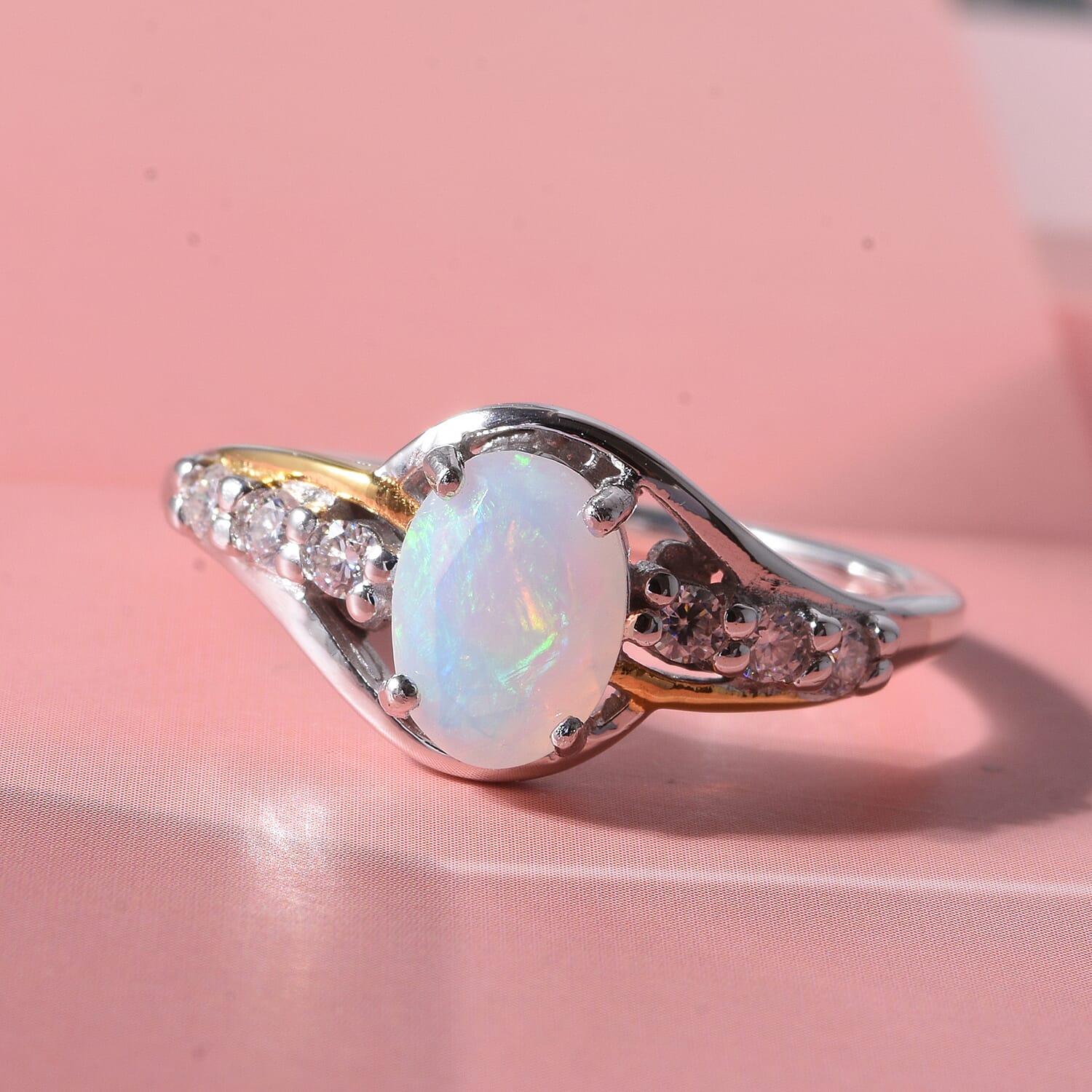 Premium Ethiopian Welo Opal and Moissanite 1.00 ctw Celestial Swirl Ring in 14K Yellow Gold and Rhodium Over Sterling Silver (Size 10.0)