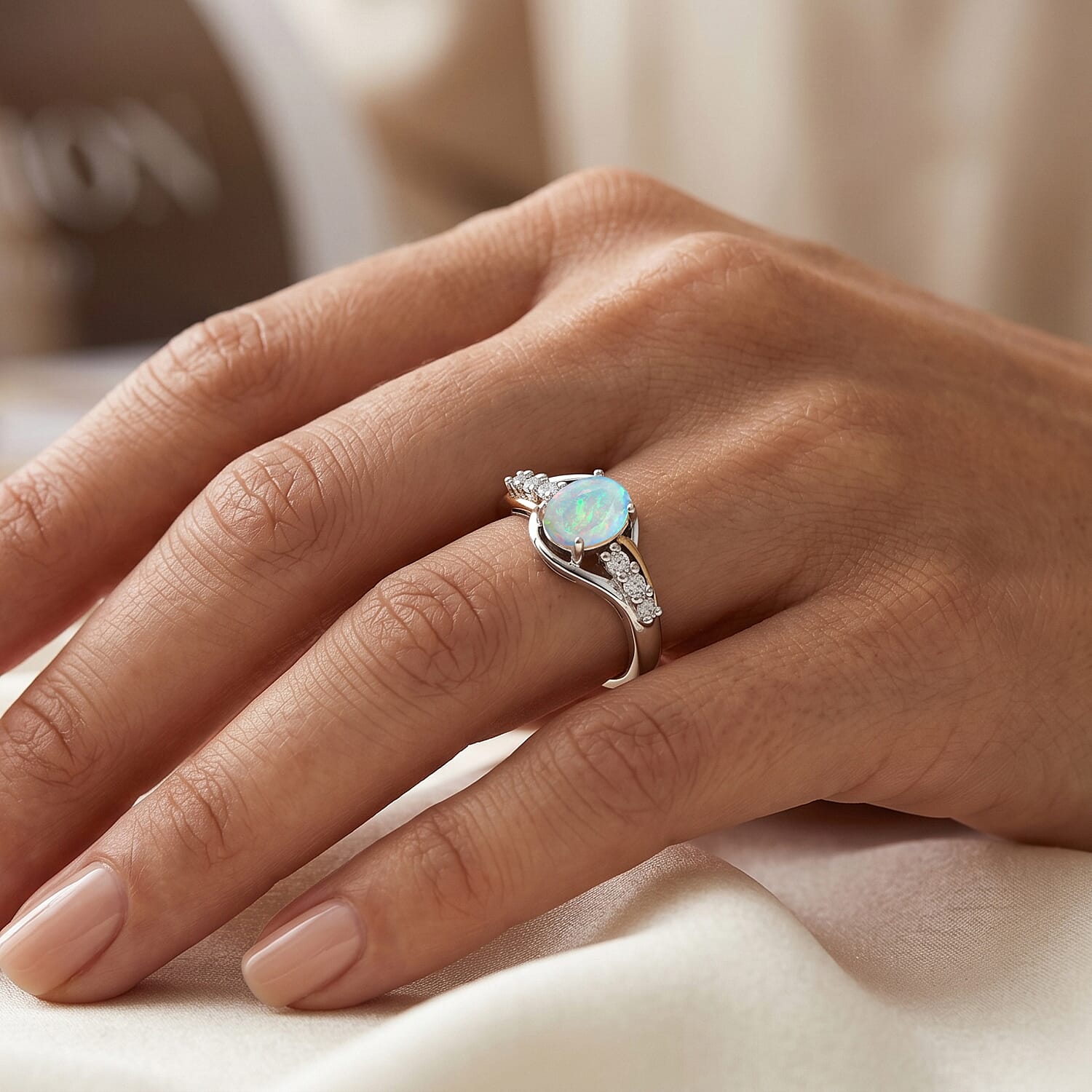 Premium Ethiopian Welo Opal and Moissanite 1.00 ctw Celestial Swirl Ring in 14K Yellow Gold and Rhodium Over Sterling Silver (Size 10.0)
