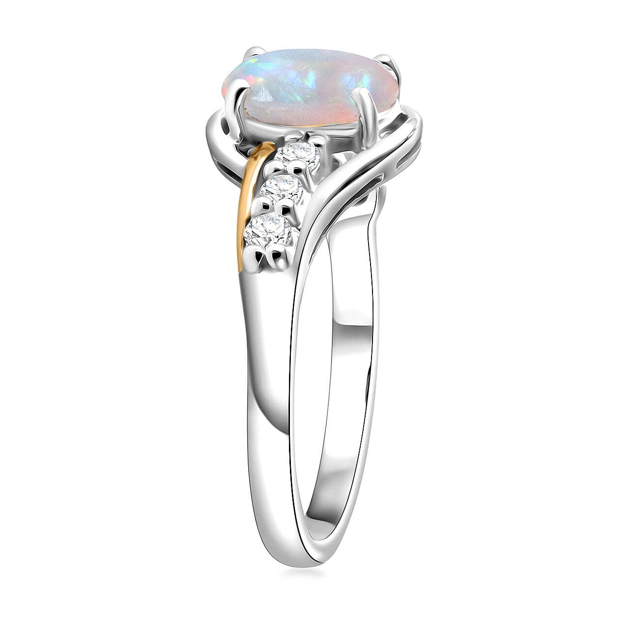 Premium Ethiopian Welo Opal and Moissanite 1.00 ctw Celestial Swirl Ring in 14K Yellow Gold and Rhodium Over Sterling Silver (Size 10.0)
