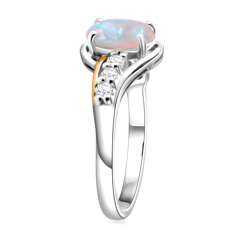 Premium Ethiopian Welo Opal and Moissanite 1.00 ctw Celestial Swirl Ring in 14K Yellow Gold and Rhodium Over Sterling Silver (Size 10.0)