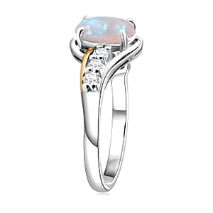 Premium Ethiopian Welo Opal and Moissanite 1.00 ctw Celestial Swirl Ring in 14K Yellow Gold and Rhodium Over Sterling Silver (Size 5.0)