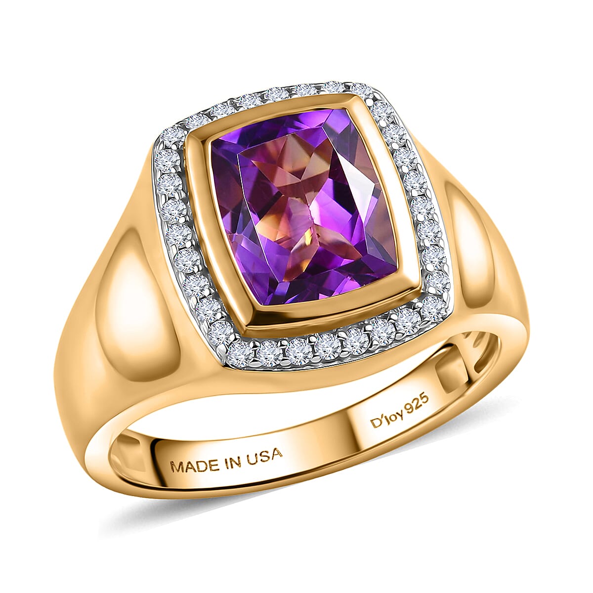 D'Joy Premium Moroccan Amethyst, Moissanite Men's Ring in 18K Vermeil YG Over Sterling Silver (Size 10.0) 3.40 ctw
