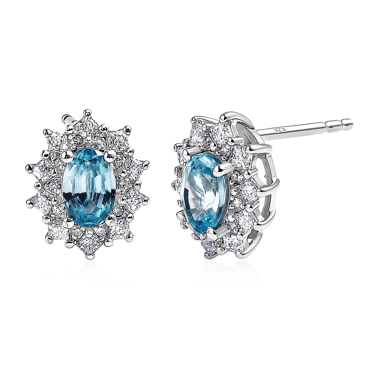 D'Joy Premium Cambodian Blue Zircon and Moissanite 2.00 ctw Azure Sunflare Earrings in Rhodium Over Sterling Silver