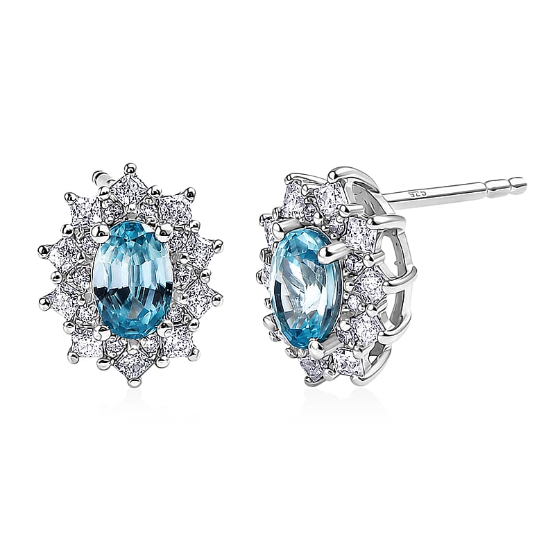 D'Joy Premium Cambodian Blue Zircon and Moissanite 2.00 ctw Azure Sunflare Earrings in Rhodium Over Sterling Silver