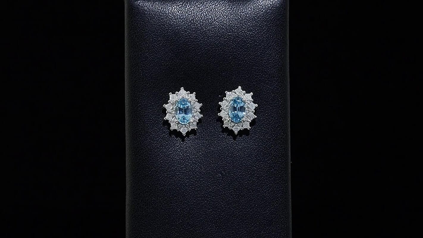D'Joy Premium Cambodian Blue Zircon, Moissanite Azure Sunflare Earrings in Rhodium Over Sterling Silver 2.00 ctw