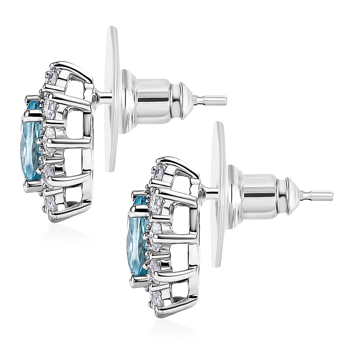 D'Joy Premium Cambodian Blue Zircon and Moissanite 2.00 ctw Azure Sunflare Earrings in Rhodium Over Sterling Silver image number 3