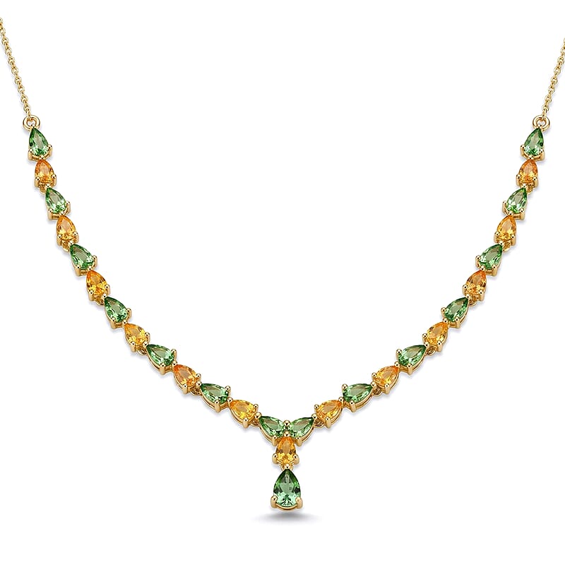 D'Joy Premium Tsavorite Garnet and Yellow Sapphire 6.00 ctw Majestic Leaf Line Necklace in 18K Vermeil Yellow Gold Over Sterling Silver 18-20 Inches