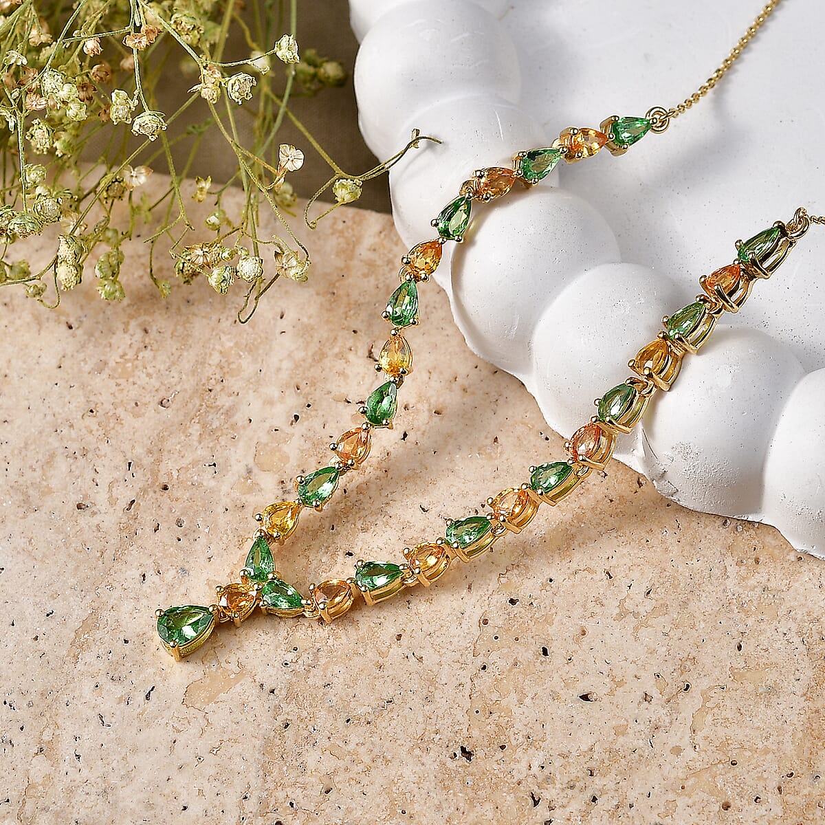 D'Joy Premium Tsavorite Garnet and Yellow Sapphire 6.00 ctw Majestic Leaf Line Necklace in 18K Vermeil Yellow Gold Over Sterling Silver 18-20 Inches image number 1