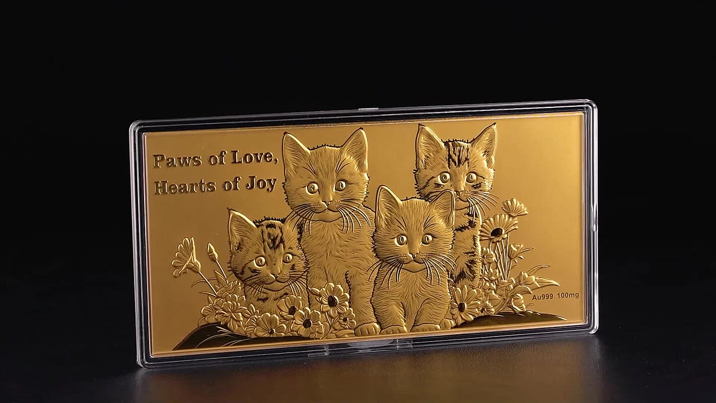 24K Yellow Gold Paws of Love Hearts of Joy Cat Family Embossed Sheet (155x75mm) 100mg
