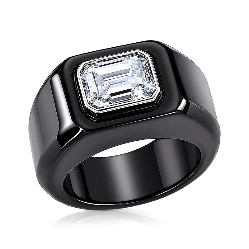 D'Joy Moissanite 52.50 ctw and Black Jade Band Men's Ring in Rhodium Over Sterling Silver (Size 10.0)