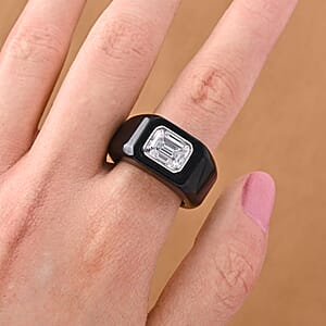 D'Joy Moissanite 52.50 ctw and Black Jade Band Men's Ring in Rhodium Over Sterling Silver (Size 10.0)