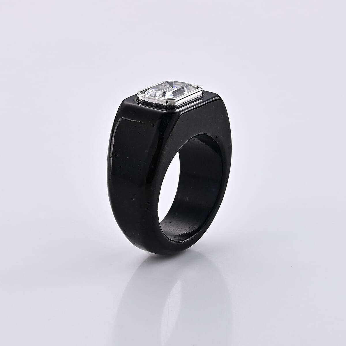 D'Joy Moissanite 52.50 ctw and Black Jade Band Men's Ring in Rhodium Over Sterling Silver (Size 12.0) image number 3