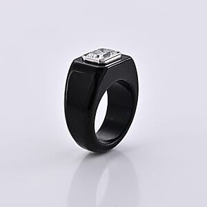 D'Joy Moissanite 52.50 ctw and Black Jade Band Men's Ring in Rhodium Over Sterling Silver (Size 12.0)