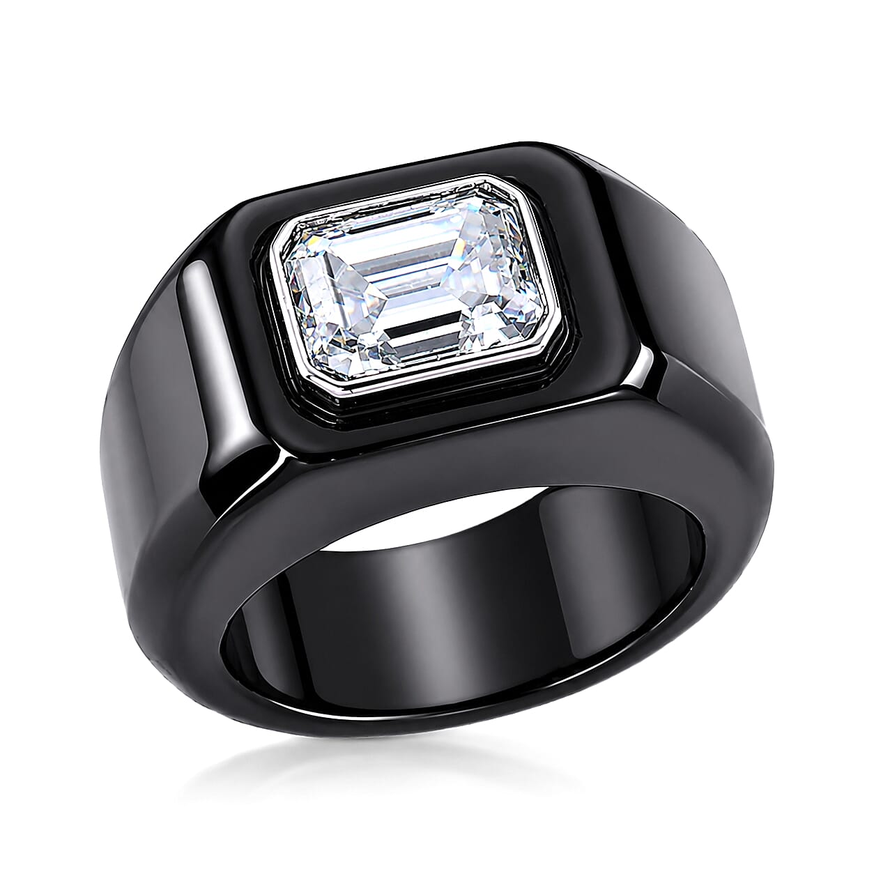 D'Joy Moissanite 52.50 ctw and Black Jade Band Men's Ring in Rhodium Over Sterling Silver (Size 9.0)
