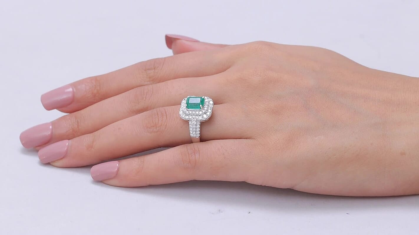 Certified & Appraised D'Joy Premium Kagem Zambian Emerald, Moissanite Ring in Rhodium Over Sterling Silver (Size 10.0) 2.50 ctw