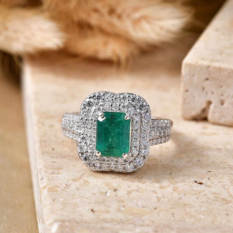 Doorbuster Certified & Appraised D'Joy Premium Kagem Zambian Emerald and Moissanite 2.50 ctw Ring in Rhodium Over Sterling Silver (Size 6.0)
