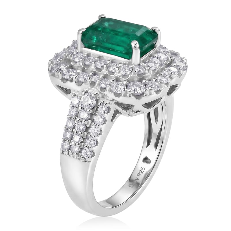 Doorbuster Certified & Appraised D'Joy Premium Kagem Zambian Emerald and Moissanite 2.50 ctw Ring in Rhodium Over Sterling Silver (Size 6.0)