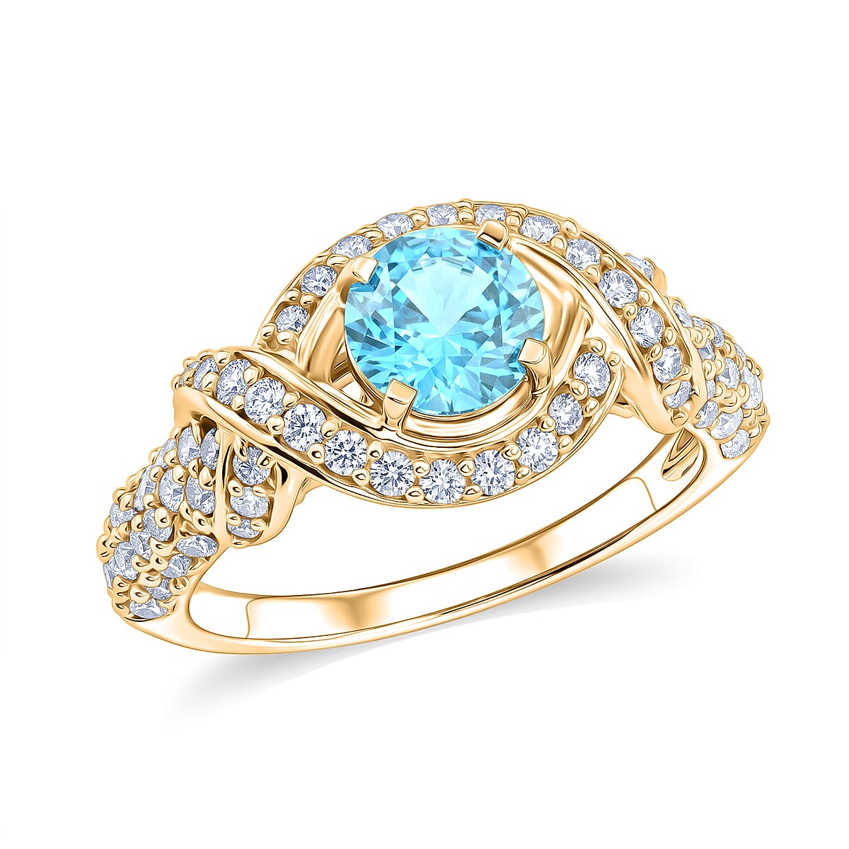 Blue Topaz and Simulated Diamond 1.65 ctw Ring in 14K YG Over Sterling Silver (Size 7.0)