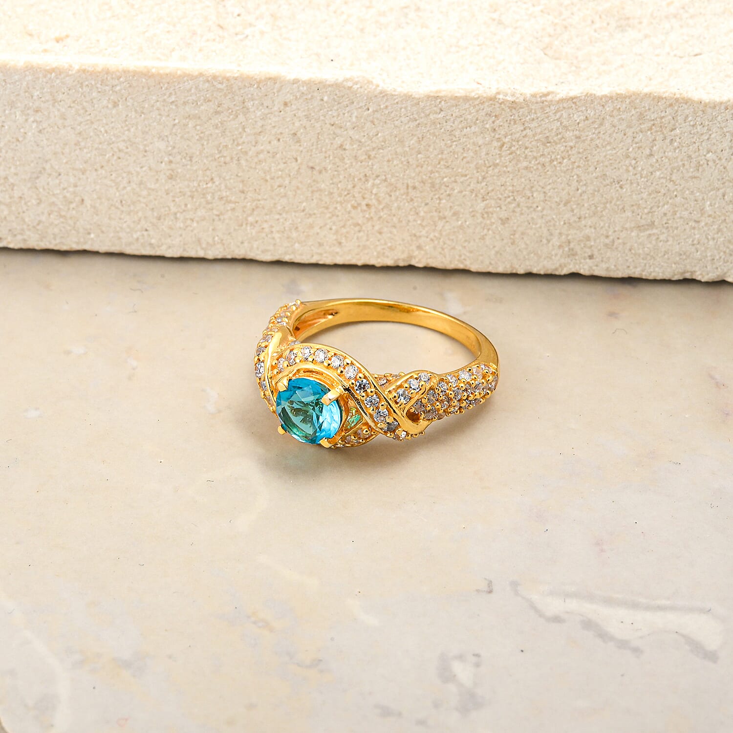Blue Topaz and Simulated Diamond 1.65 ctw Ring in 14K YG Over Sterling Silver (Size 7.0)
