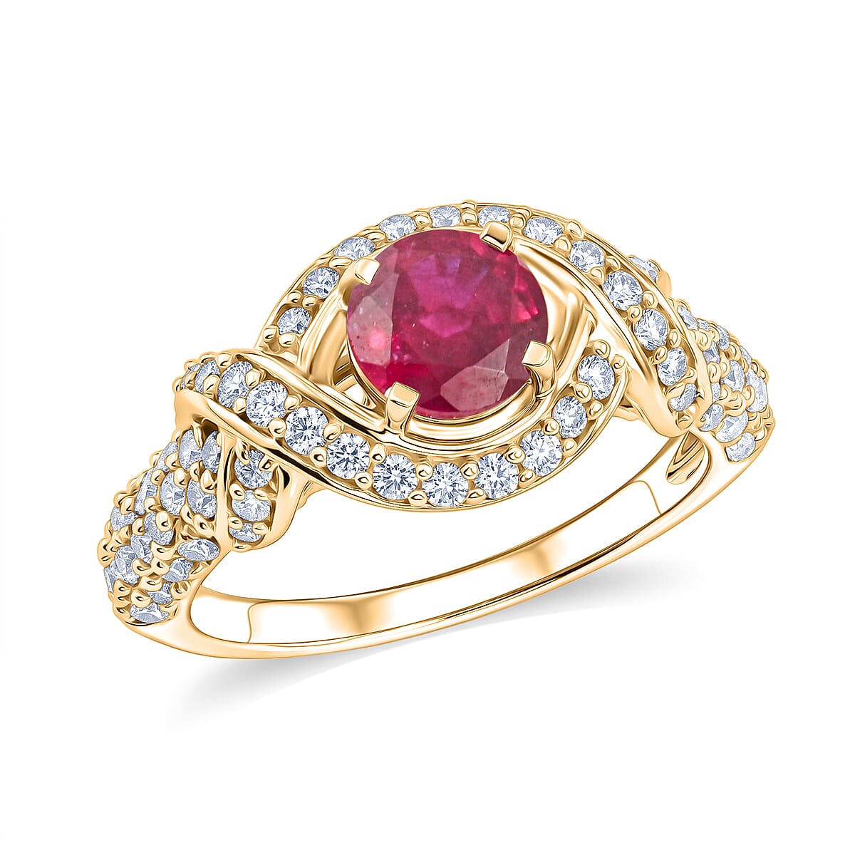 Ruby and Simulated Diamond 1.65 ctw Ring in 14K YG Over Sterling Silver (Size 7.0)