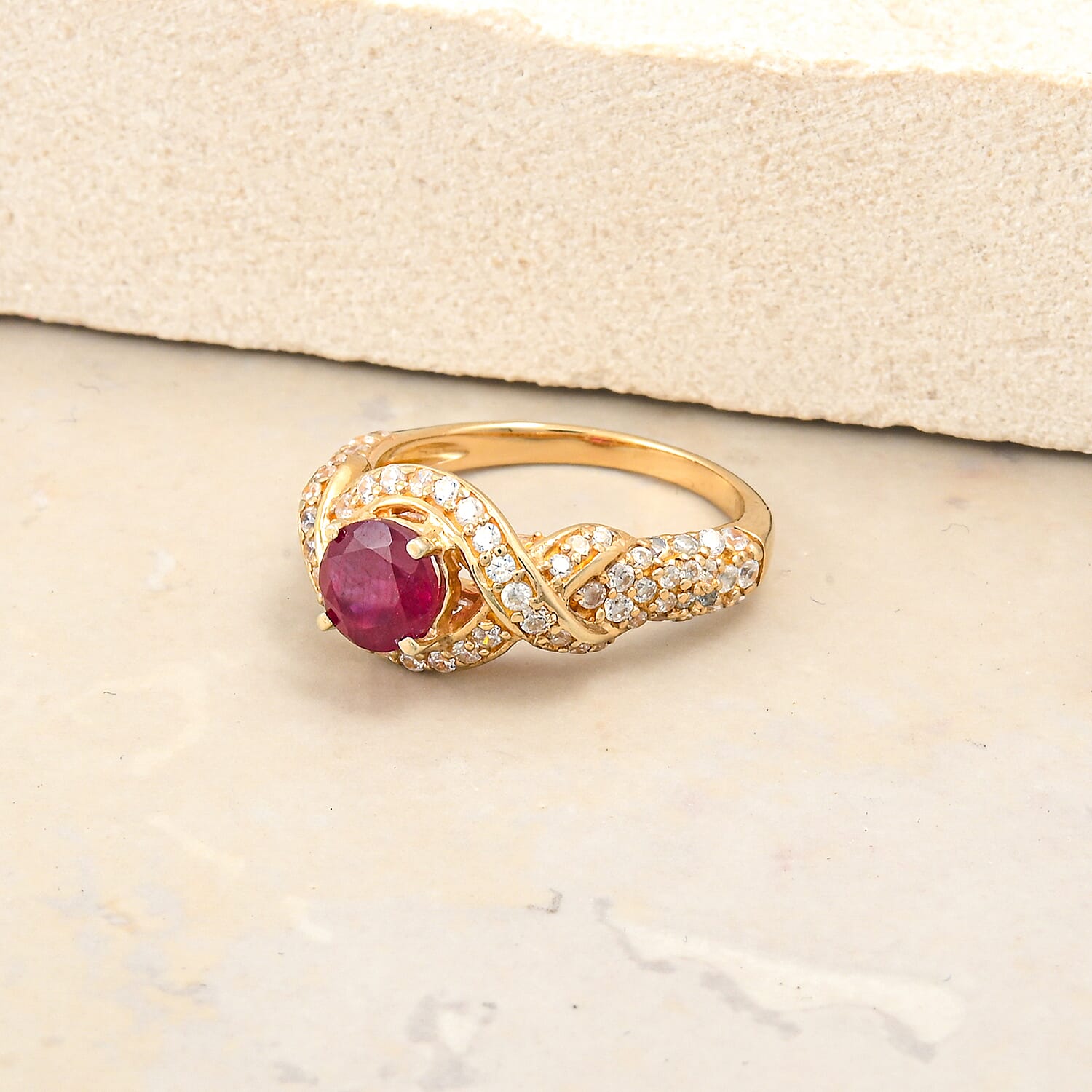Ruby and Simulated Diamond 1.65 ctw Ring in 14K YG Over Sterling Silver (Size 7.0)