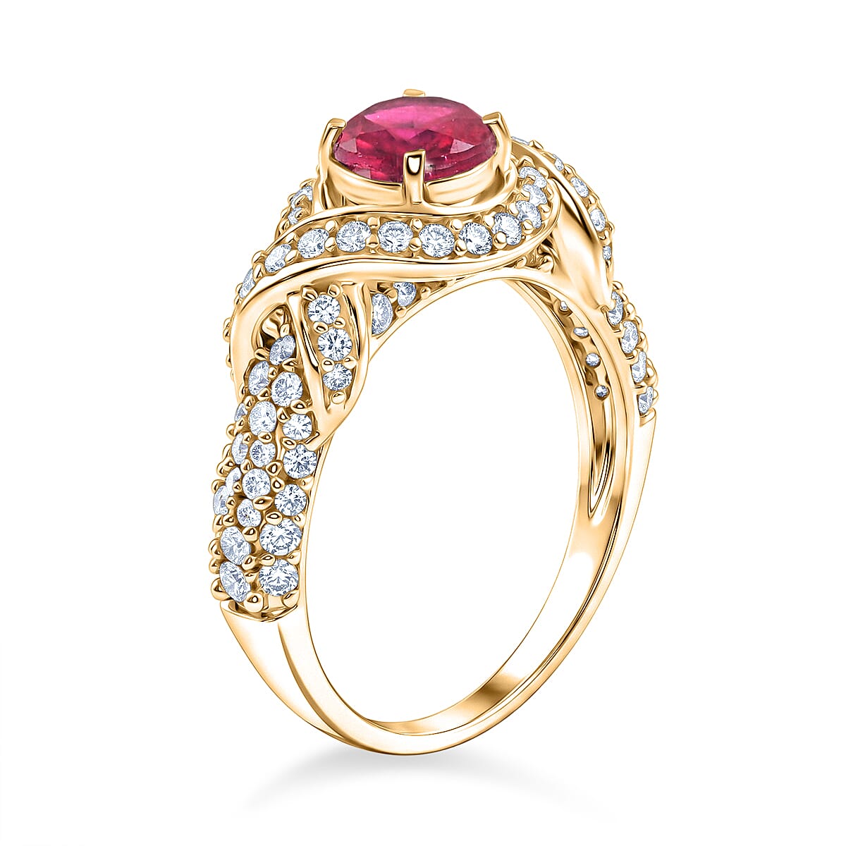 Ruby and Simulated Diamond 1.65 ctw Ring in 14K YG Over Sterling Silver (Size 7.0)
