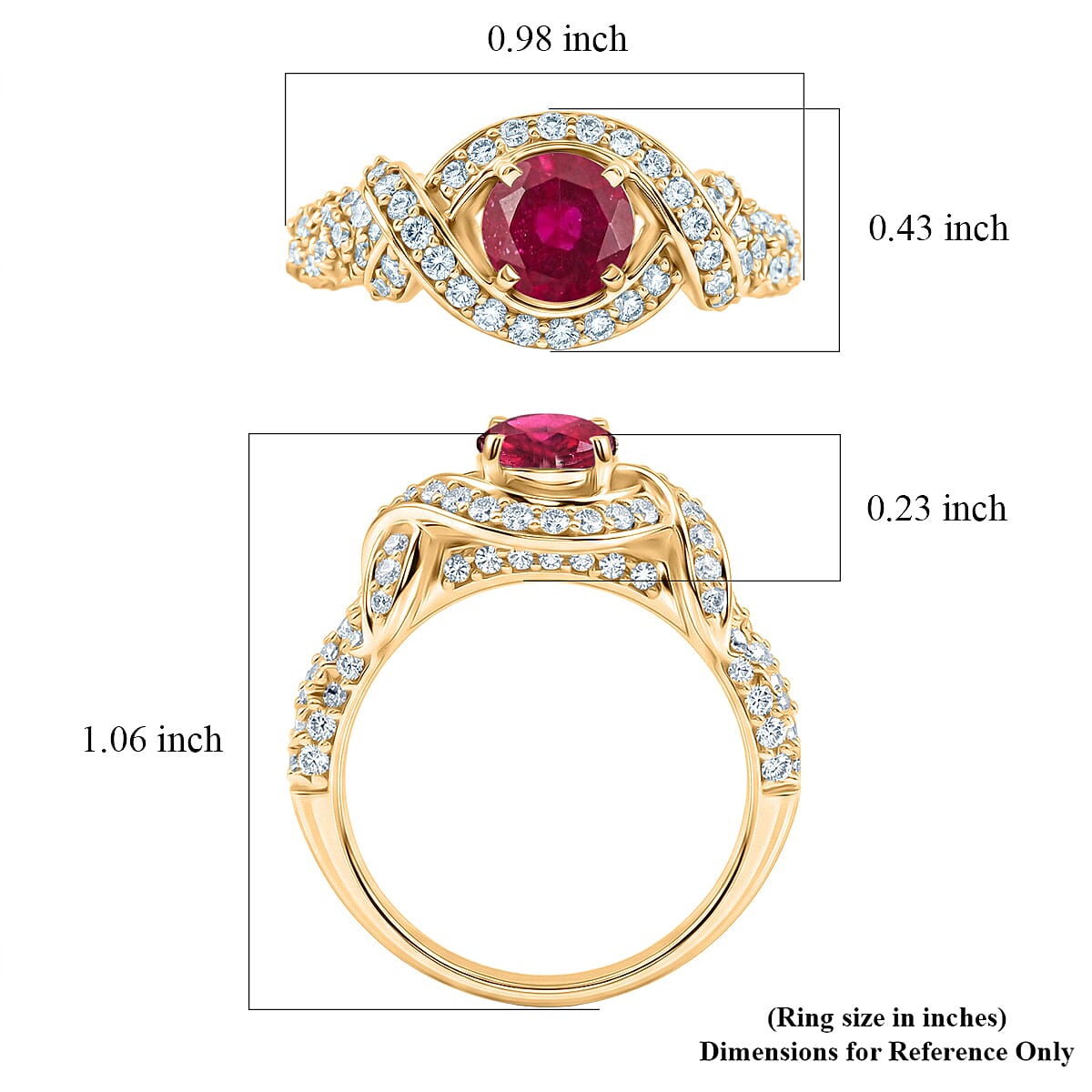 Ruby and Simulated Diamond 1.65 ctw Ring in 14K YG Over Sterling Silver (Size 7.0)