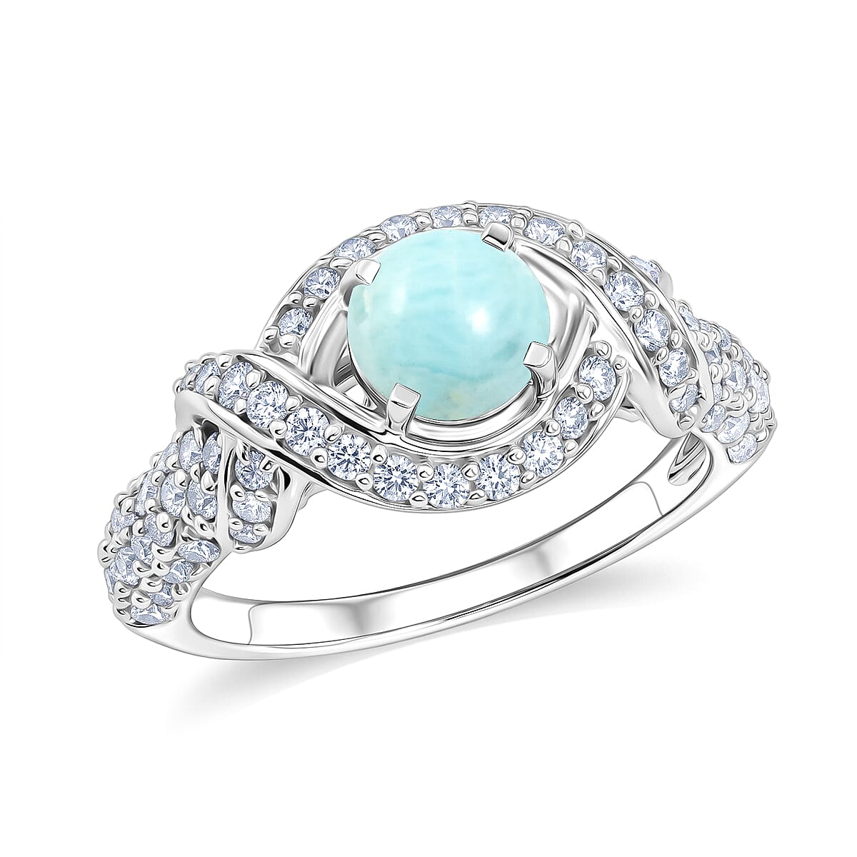 Larimar and Simulated Diamond 1.65 ctw Ring in Sterling Silver (Size 6.0)