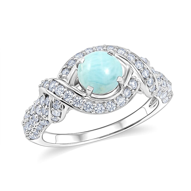 Larimar and Simulated Diamond 1.65 ctw Ring in Sterling Silver (Size 6.0)