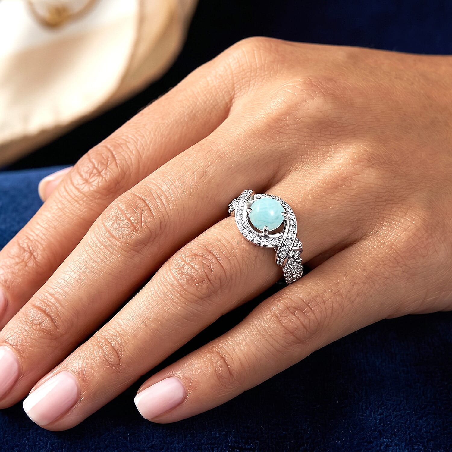 Larimar and Simulated Diamond 1.65 ctw Ring in Sterling Silver (Size 6.0)