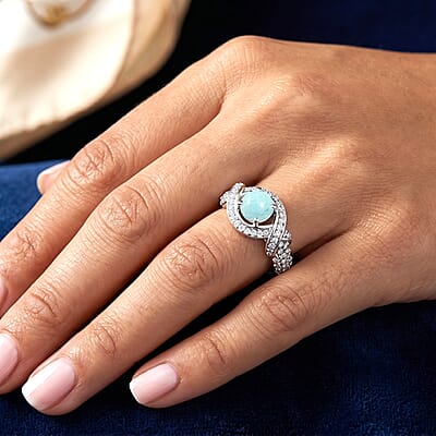 Larimar and Simulated Diamond 1.65 ctw Ring in Sterling Silver (Size 6.0)