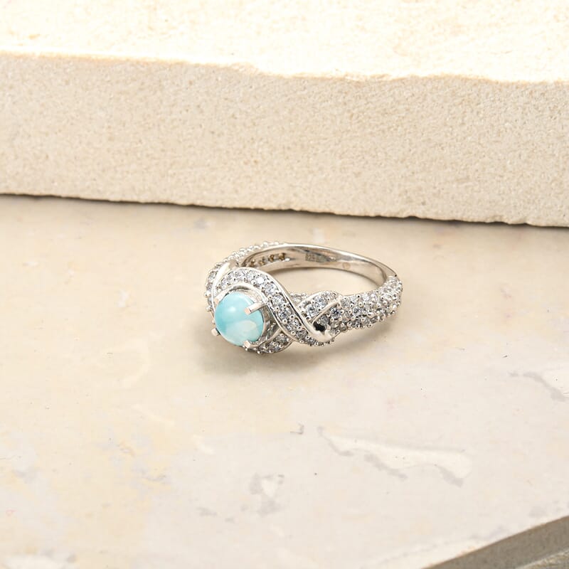 Larimar and Simulated Diamond 1.65 ctw Ring in Sterling Silver (Size 7.0)