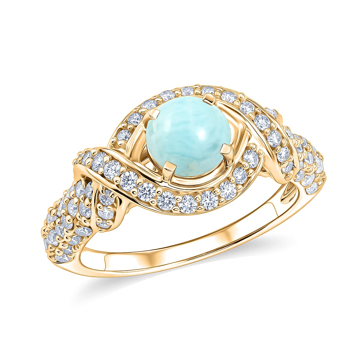 Larimar and Simulated Diamond 1.65 ctw Ring in 14K YG Over Sterling Silver (Size 7.0)