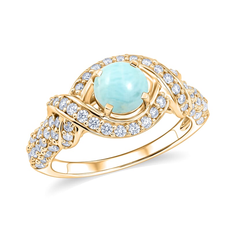 Larimar and Simulated Diamond 1.65 ctw Ring in 14K YG Over Sterling Silver (Size 7.0)