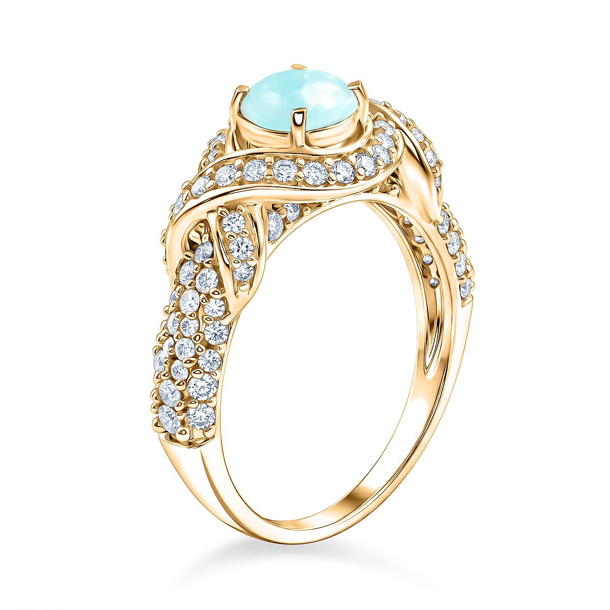 Larimar and Simulated Diamond 1.65 ctw Ring in 14K YG Over Sterling Silver (Size 7.0)
